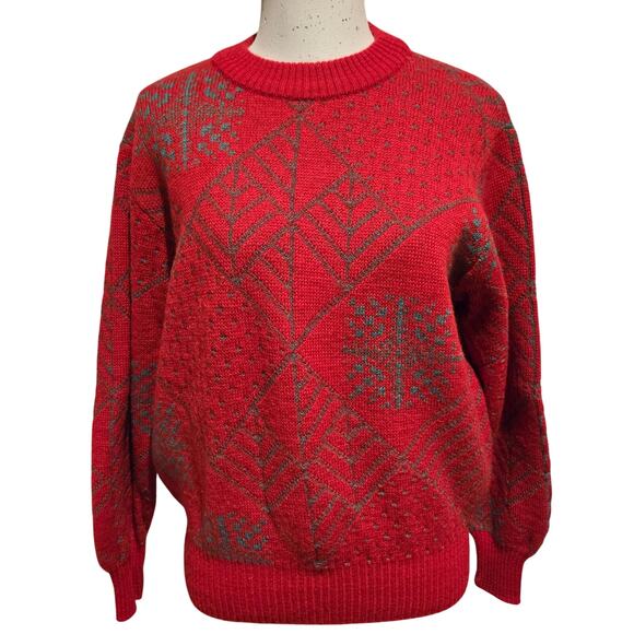 Vintage 80s Geiger Austria Red Pure New Wool Alpine Sweater, Size 38 - US Medium - Picture 1 of 9